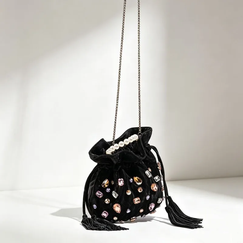 Shiny Diamond-encrusted Design Women's Fashionable Bucket Bag Drawstring Tassel Decoration Pearl Handle Chain Crossbody Bag