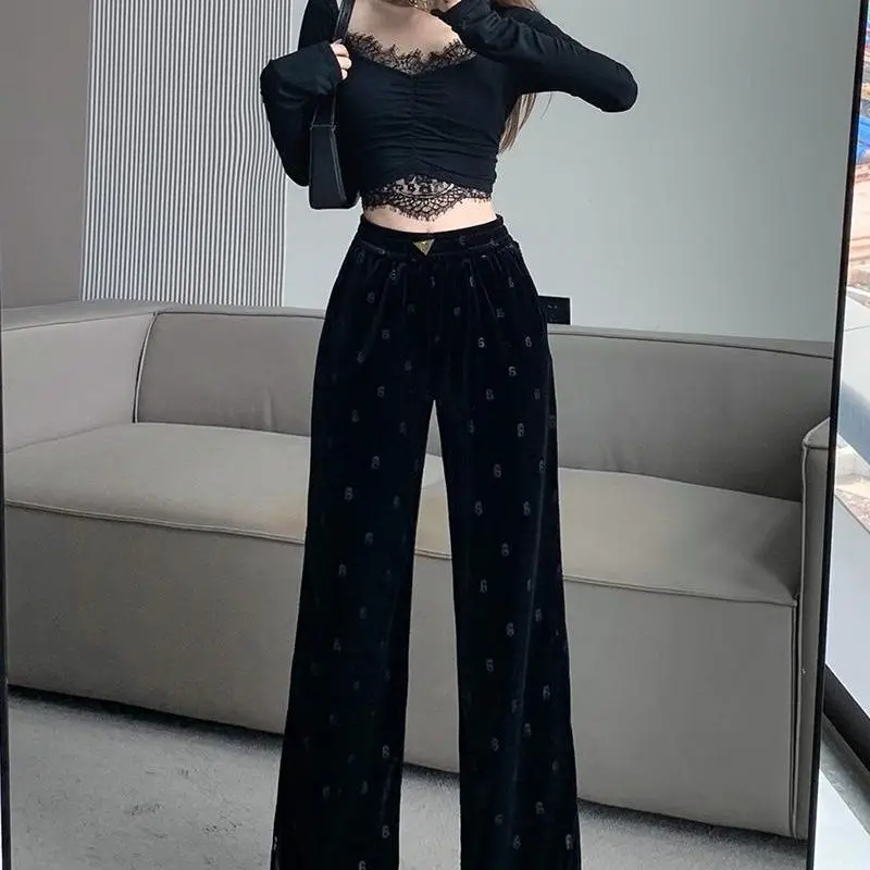 Autumn/Winter New Velvet A-line Printed Design High Waist Casual Straight Tube Drop Feel Casual Floor Dragging Wide Leg pant