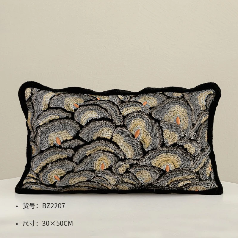 Luxury Retro Single-Sided Peacock Feather Embroidered Pillow Cover, High-End Black and Gold Sofa Decorative Lumbar Pillow Case
