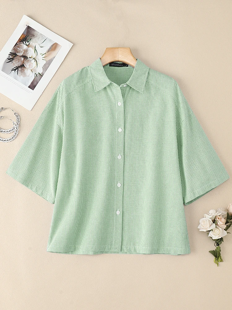 Koszula biurowa damska ZANZEA na jesień 2025, modna koszula w kratę z kołnierzykiem, długi rękaw, bluzka do pracy w stylu OL, luźne topy oversize