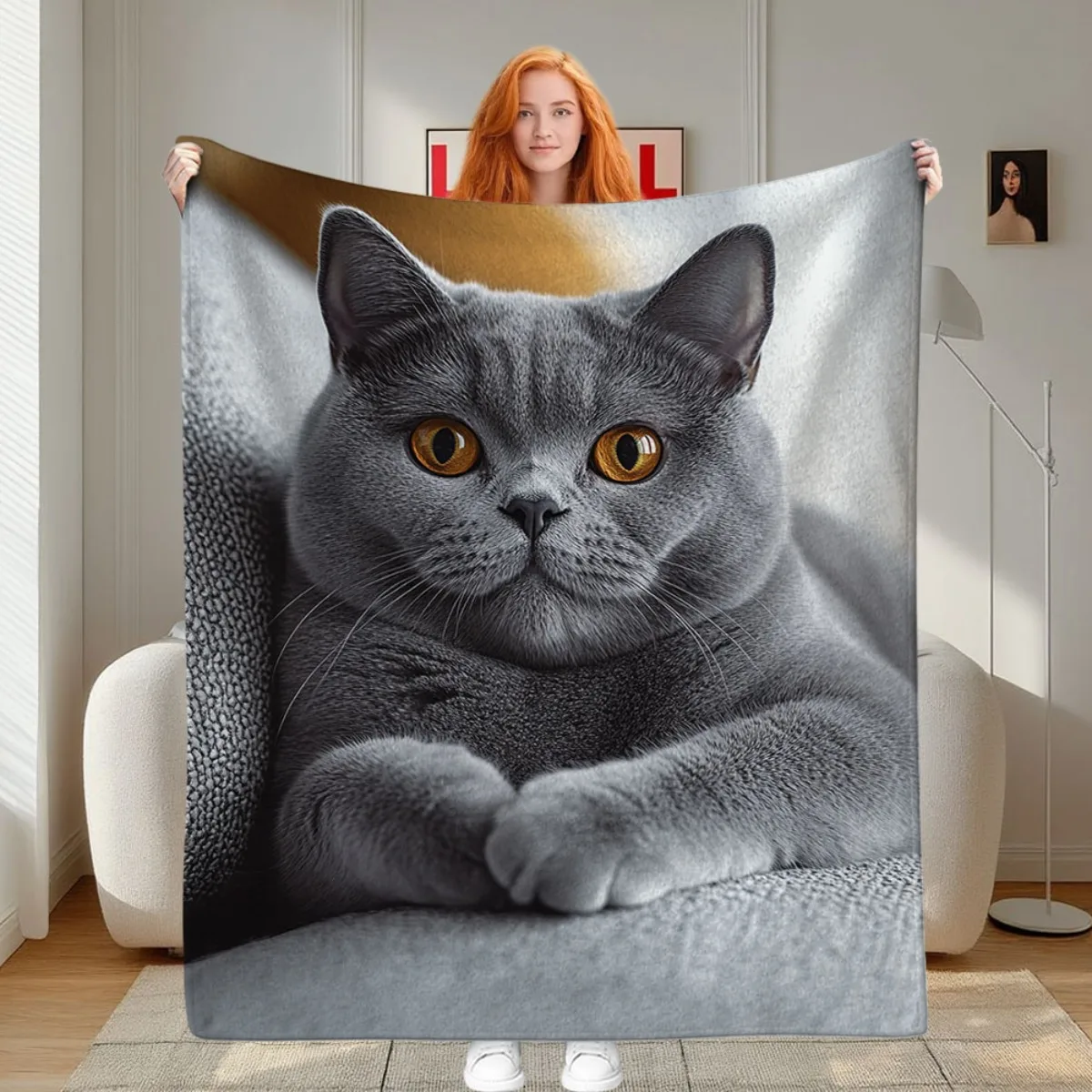 Custom British Shorthair Cat Blanket Blue Gray Feline Portrait Design Personalized Name Fleece Throw All Season Soft Warm Beddin