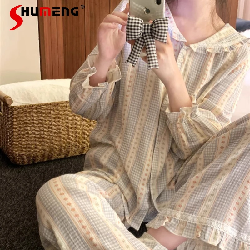 

Plaid Floral Cotton Pajamas for Women Spring Autumn Long Sleeve Cute Loungewear Female Double Layer Cotton Gauze Homewear Set