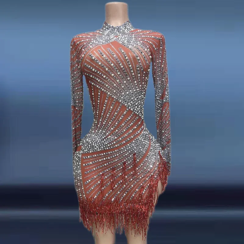Sexy pérola strass borlas pacote apertado hip vestido senhora aniversário baile de formatura noite franjas vestidos cantor anfitrião boate traje