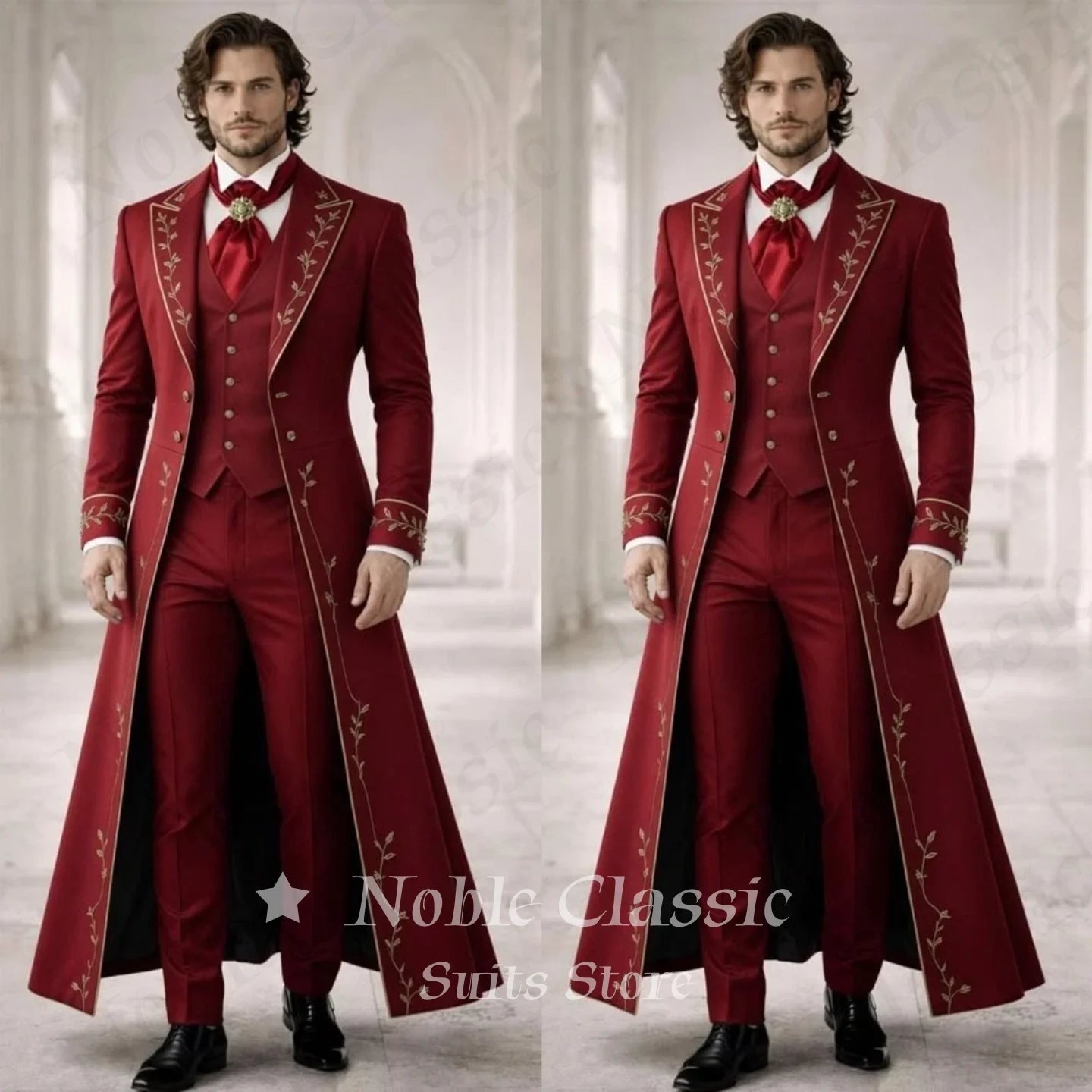 3 Piece Men Suit Burgundy Red Floor Long Tail Coat Hand Gold Vine Embroidery Peak Lapel Waistcoat Straight Pants Slim Customized