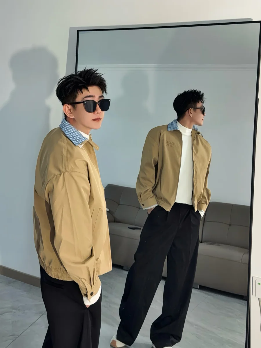 

Khaki Blue Men's Plaid Flight Jaet Autumn Winter Zipper Splicing Outerwear College Sle Long Sve Windproof Faion Jaet