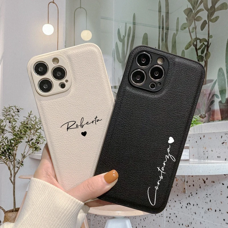 Персонализированный Чехол для телефона с именем и сердцем для iPhone 13 14 Pro Max 12 11 X XS XR, кожаный защитный чехол-накладка «сделай сам»