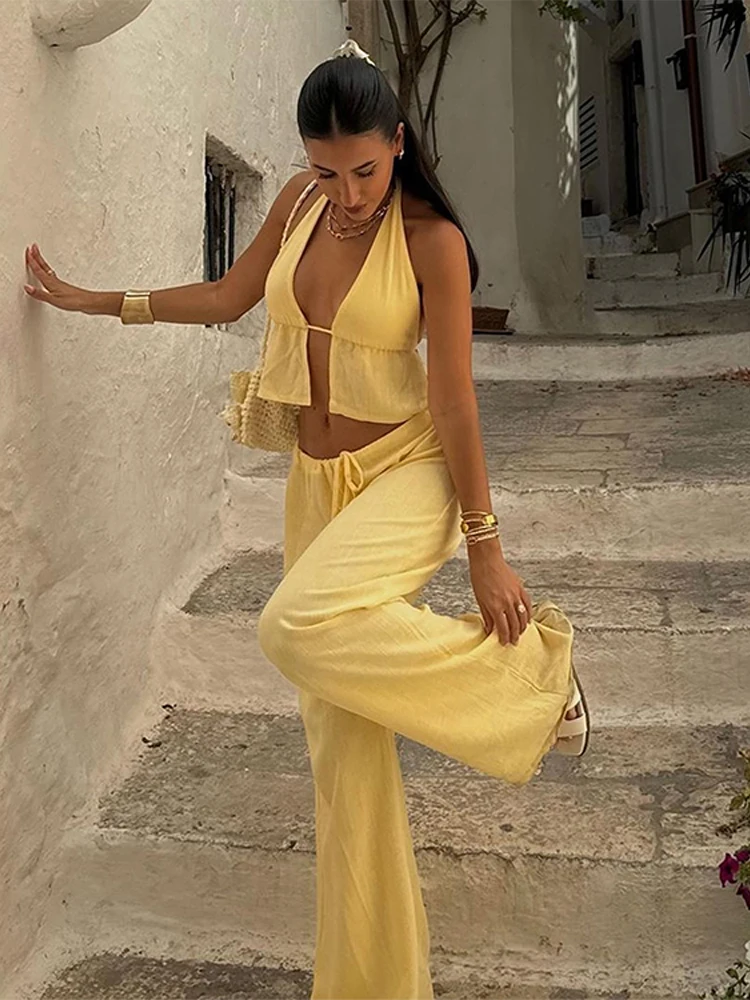 Elegant Halter Lace Up Vest Set Women Holiday Yellow Hallow Out V-neck Tank Drawstring Loose Pants 2025 Fashion Solid Suit Lady