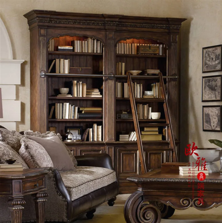 Combination bookcase with ladder Solid wood oak bookcase French retro carved floor storage bookshelf