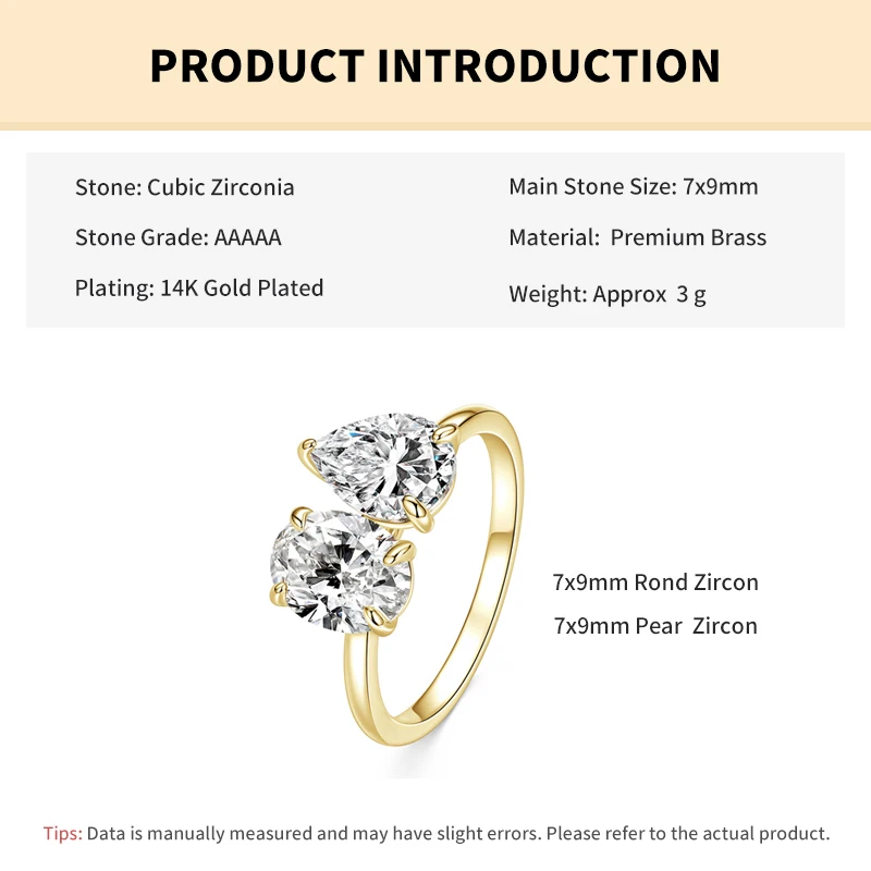 Rrjzz Birnen- & Rundschliff 7x9mm Doppel-CZ Labor-Diamant Mode Damen Verlobungsring 14k Vergoldeter Zirkonia Jubiläums-Schmuck Geschenke – Detail 1