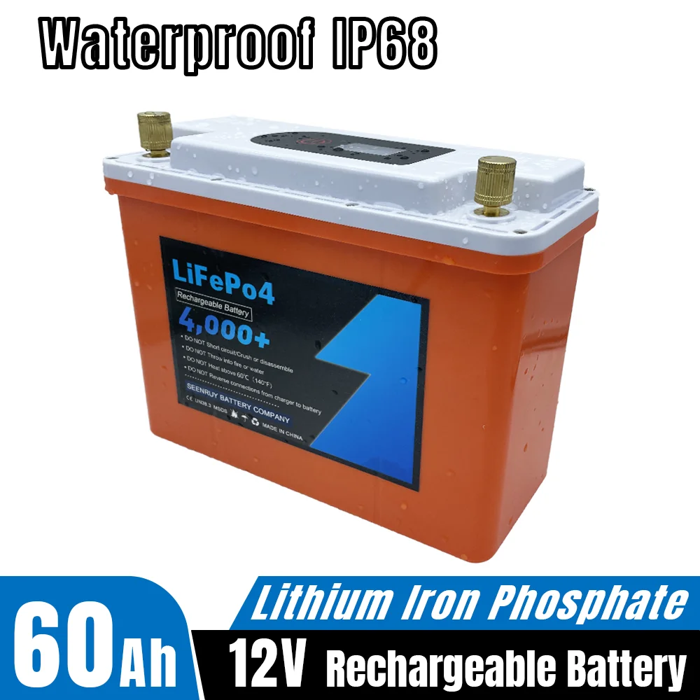 12V 50Ah 60Ah LiFePO4 Battery Pack 768Wh Waterproof IP68 Built-in BMS Power Bank for Fishing Outdoor Easy to carry +Charger