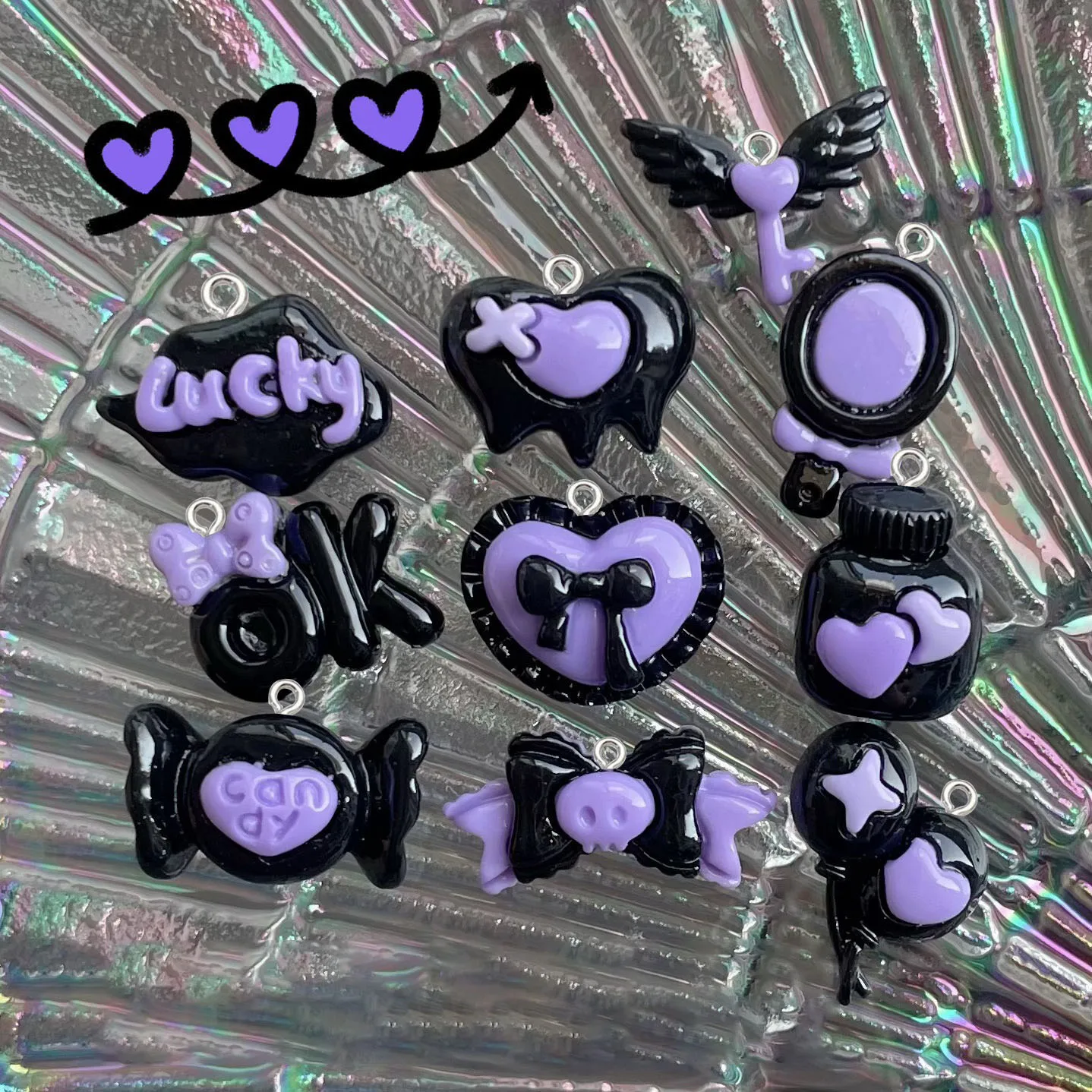 10pcs Black Purple Bow Heart Balloon Resin Pendant DIY Handmade Dark Series Phone Case Decorations Making for Keychain Earrings