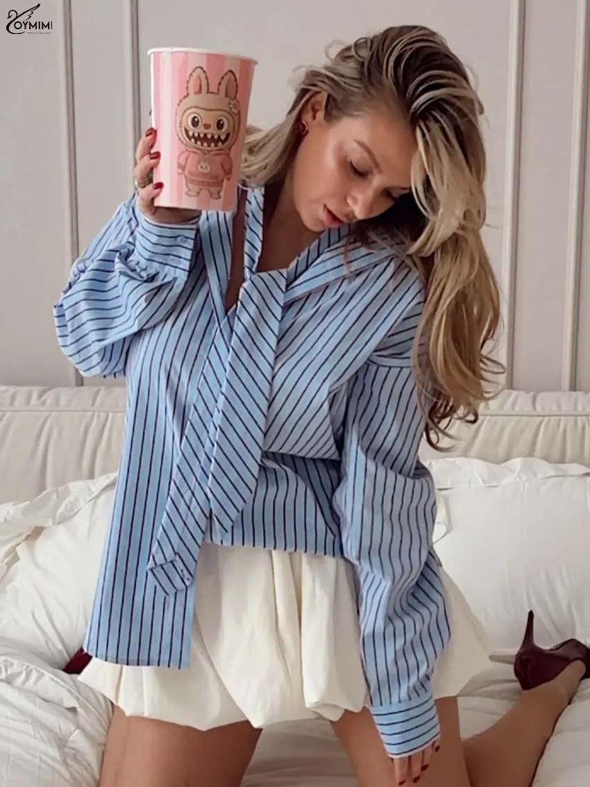 Oymimi Fashion Blue Print Women's Shirt Elegant Lapel Long Sleeve Single Breasted Shirts Casual Lace-Up Loose Shirts Streetwear