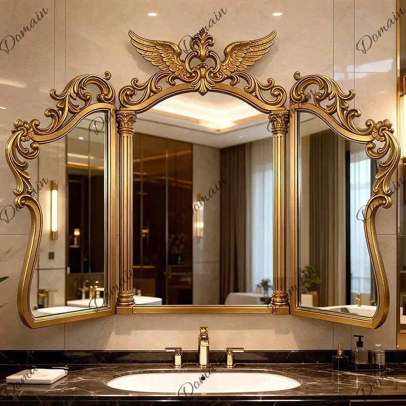 WA XX European Retro Tri-fold Makeup Mirror Court Carving Old Gold High-end Wall-mounted Three-sided Bathroom Mirror J