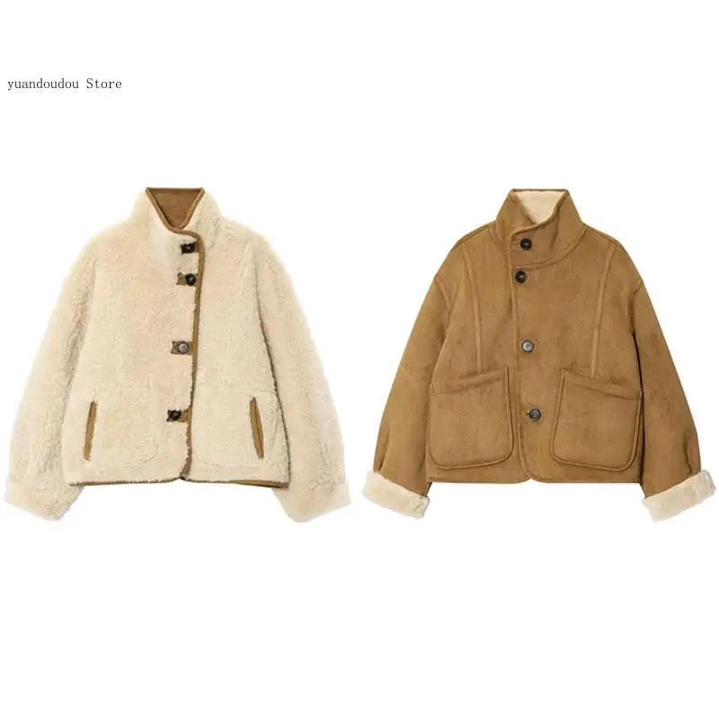 Single Breasted Stand-Up Collar Pockets Female Jackets Autumn Loose Coat Ladies Suede Plush Both Sides Women's Coat Jacket