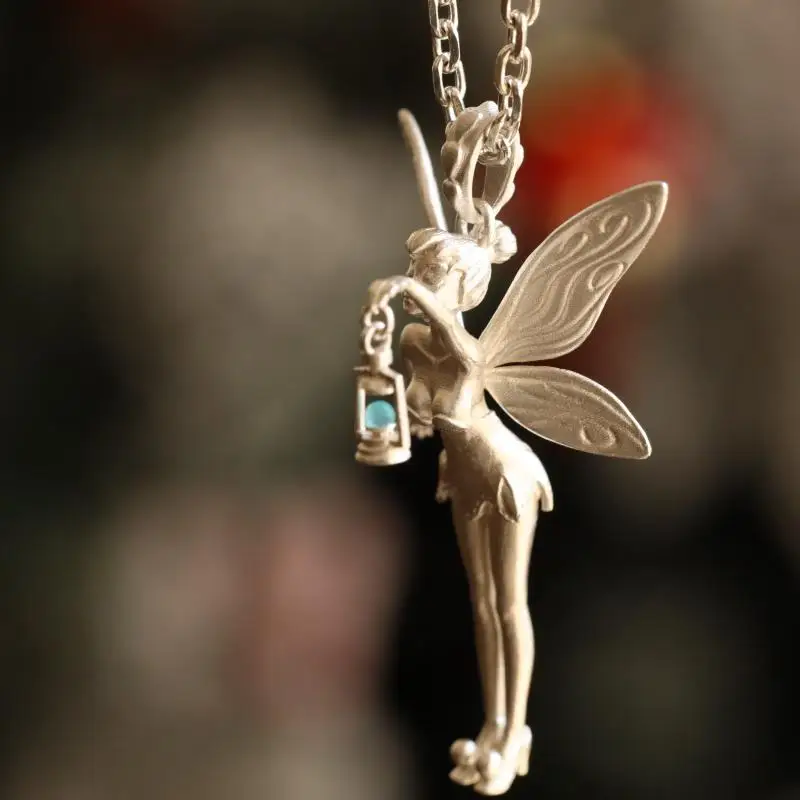 Original Elf Pendant Necklace Retro Inlaid Flower Fairy Angel Wing Necklace Exquisite Cute Jewelry for Girls Women Gift