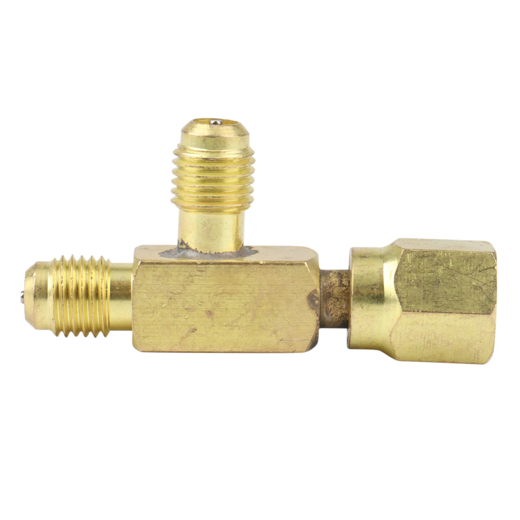 อะแดปเตอร์ตัวทีทองเหลือง1/4นิ้วตัวเชื่อมต่อเปลวไฟ SAE ตัวผู้และตัวเมียแบบหมุนได้การติดตั้งเครื่องปรับอากาศอัตโนมัติ