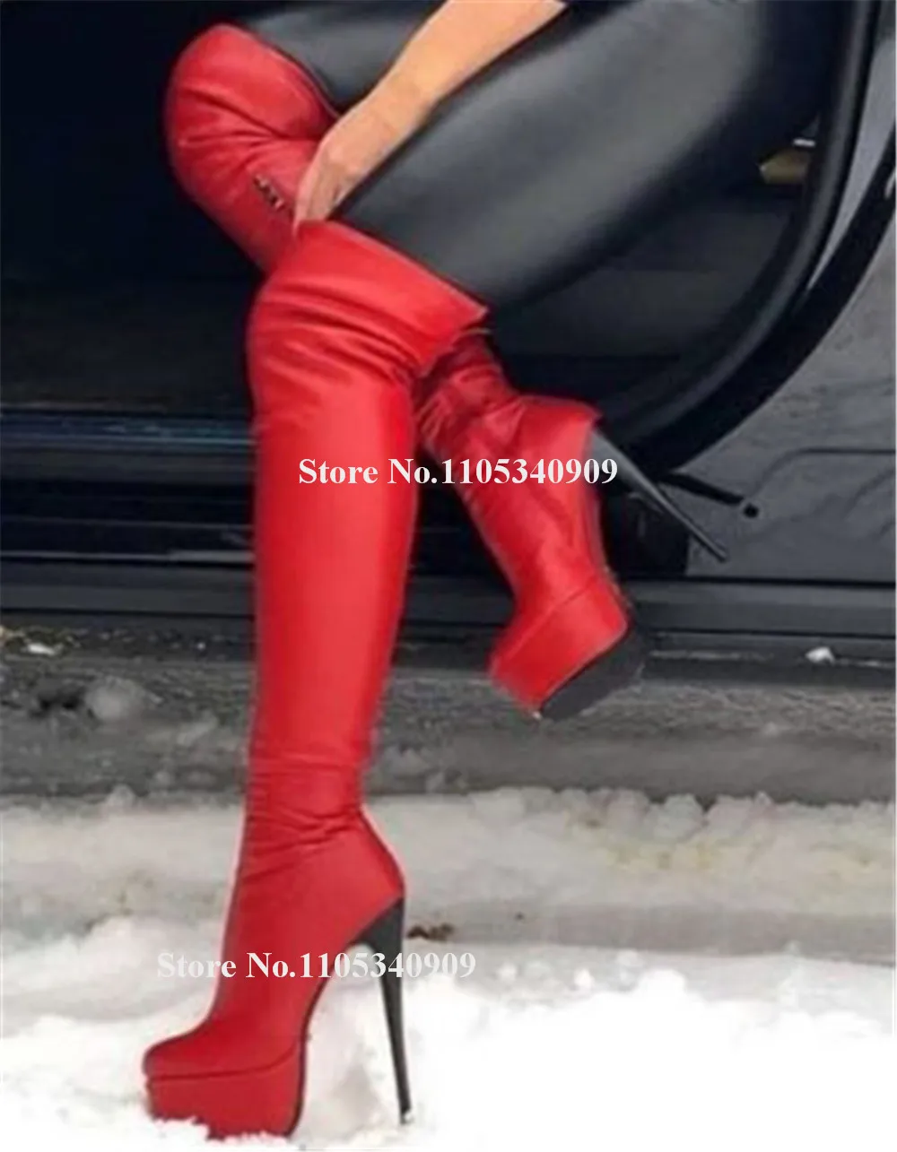 Bondarenko Red Patchwork Black Stiletto Heel Over Knee Boots Round Toe Slim Style Thin Heel Long Boots Dance Shoes