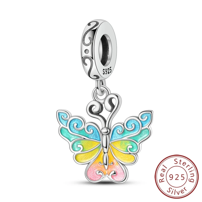 Elegant 100% 925 Sterling Silver Green,Yellow & Pink Gradient Butterfly Dangle Charm Fits Pandora Bracelet & Necklace Women Gift