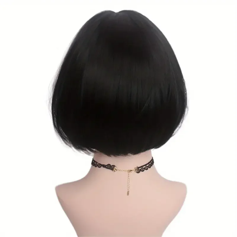 Sassy Straight Black Bob Wig with Rose Net Cap, Heat Resistant Synthetic Hair, Versatile for Daily Wear and Cosplay J47801S