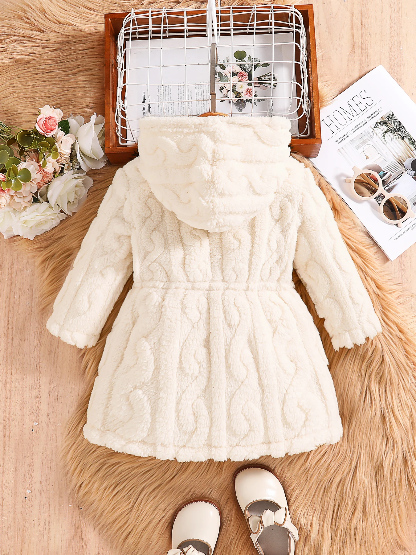 Kids Fall/Winter Girls by fashion fluff hooded coat 4-8Y- white 1 piece