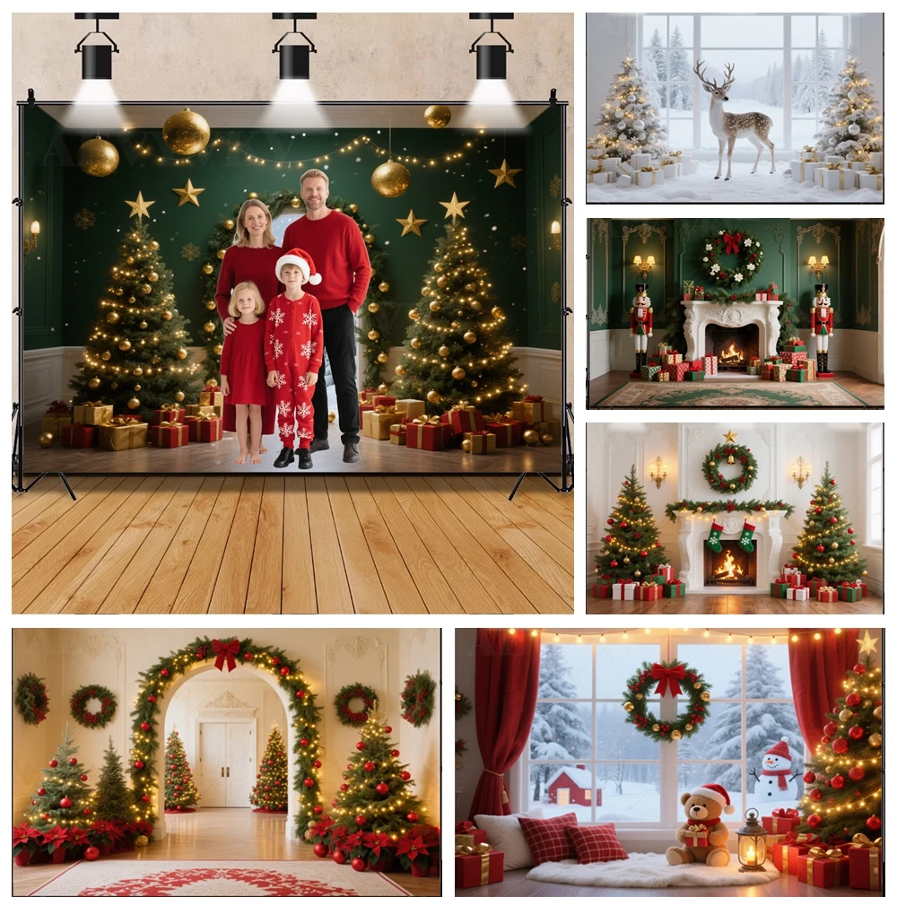 

​​Christmas Fireplace Backdrops for Family Photography Studio Props Kids Adults Holiday Party Decor Christmas Trees Background