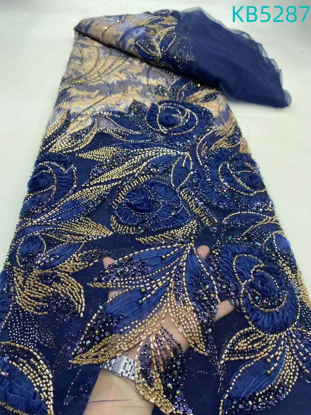 

2026 Royal Blue 5 Yards French Mesh Velvet Beaded Lace Fabric African Sequence Embroidered Mesh Lace Fabric For Sewing KB5287