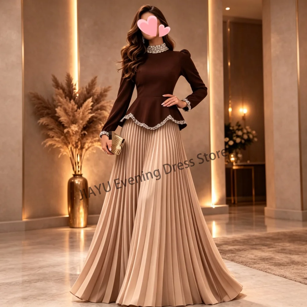 Classic Contrast Color Pleat Chiffon A-line Long Sleeve Floor Length Gowns with Fashion Crystal Hihg Collar Evening Customzied