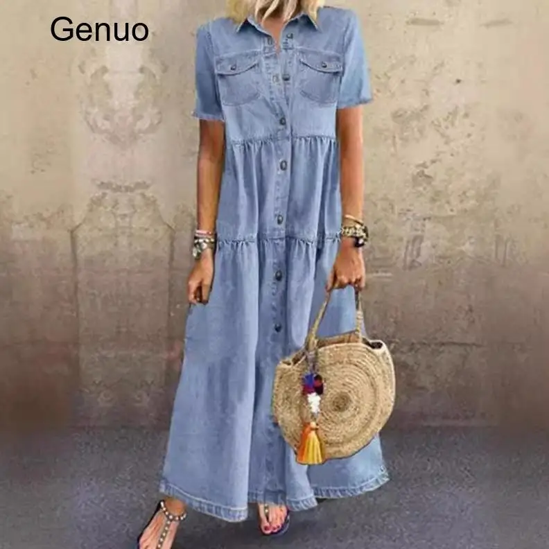 

2026 Lapel Short Sleeve Denim Maxi Dress Tiered Ruffle Hem Full Button Loose for Vacation Shopping