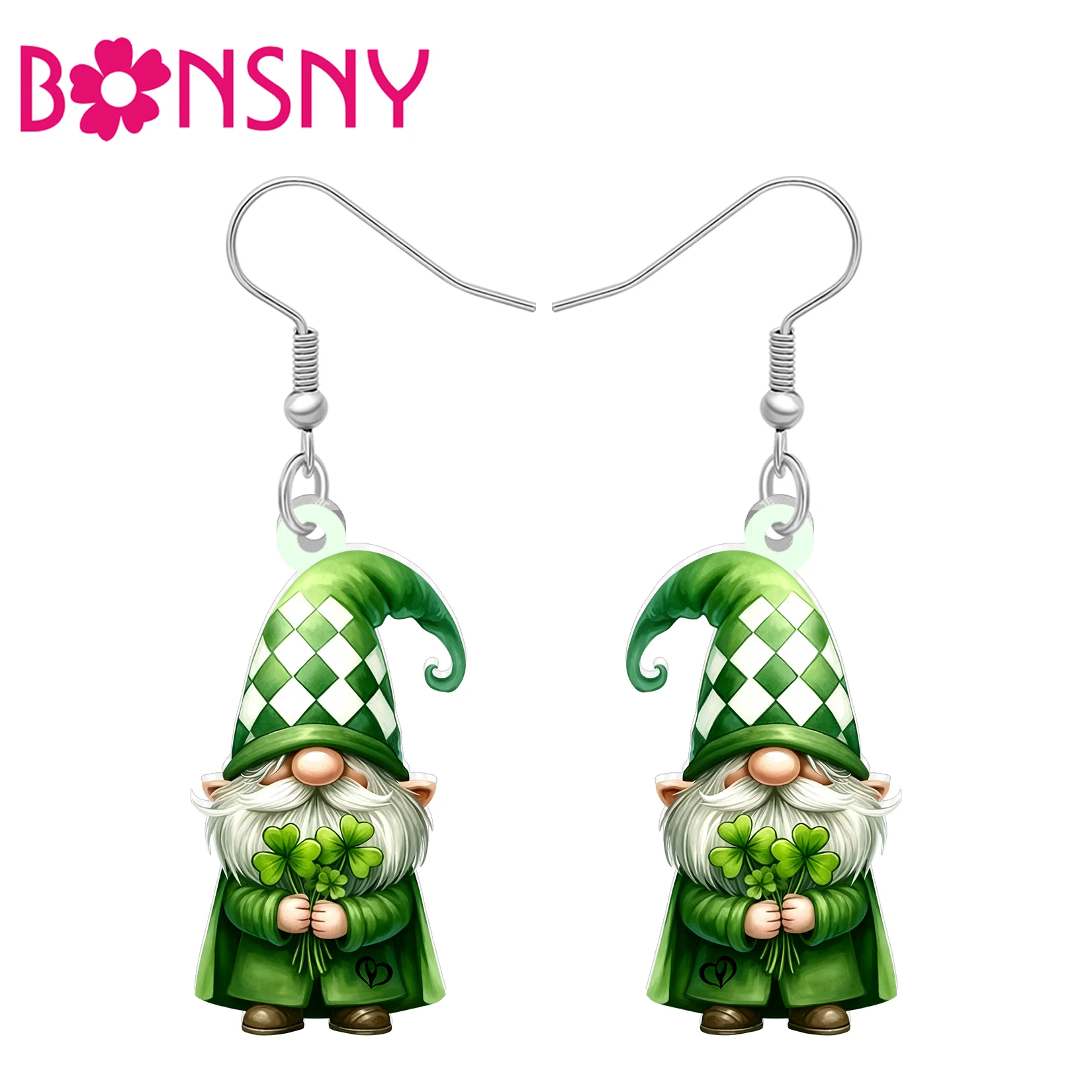 BONSNY Acrylic St Patricks Day Leprechaun Earrings Lucky Clover Green Shamrock Gnomes Irish Jewelry Gnome Gifts For Women Mom