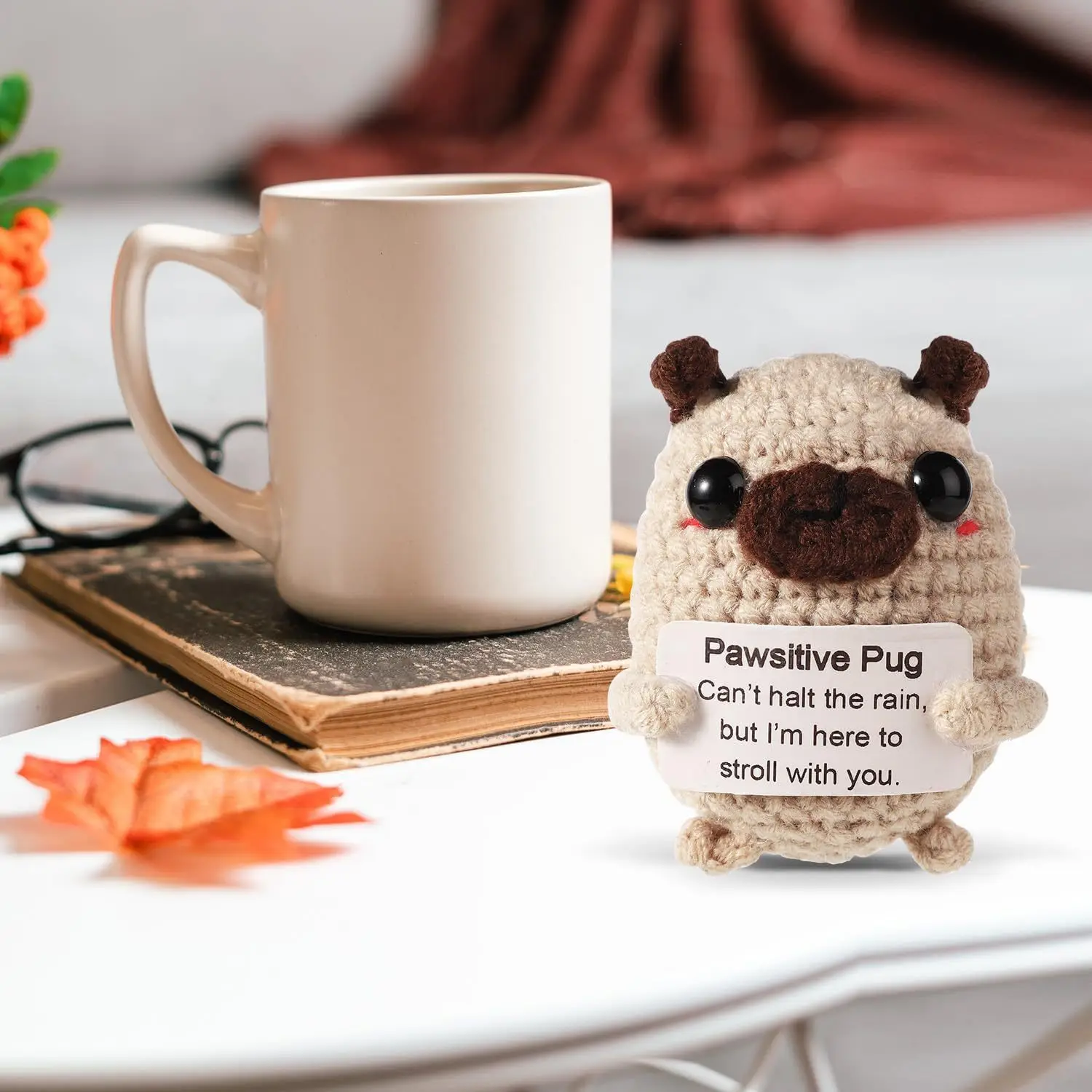 New Positive Energy Pug Hug Pocket Mini Handmade Plush Knitting Dog Doll with Card Funny Christams Gift Home Room Decoration