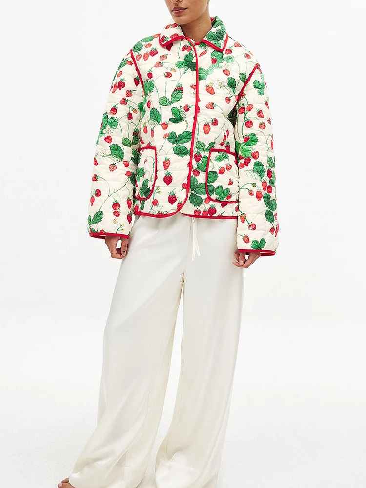 

European and American autumn new women's retro print temperament simple lapel long sleeve pocket decoration cotton coat