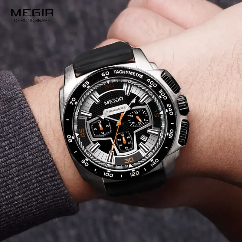 Megir Men's Army Sports Chronograph Quartz Watches Silicone Band 24 Hours Military Waterproof Wristwatch for Man 2056GS-BK-1