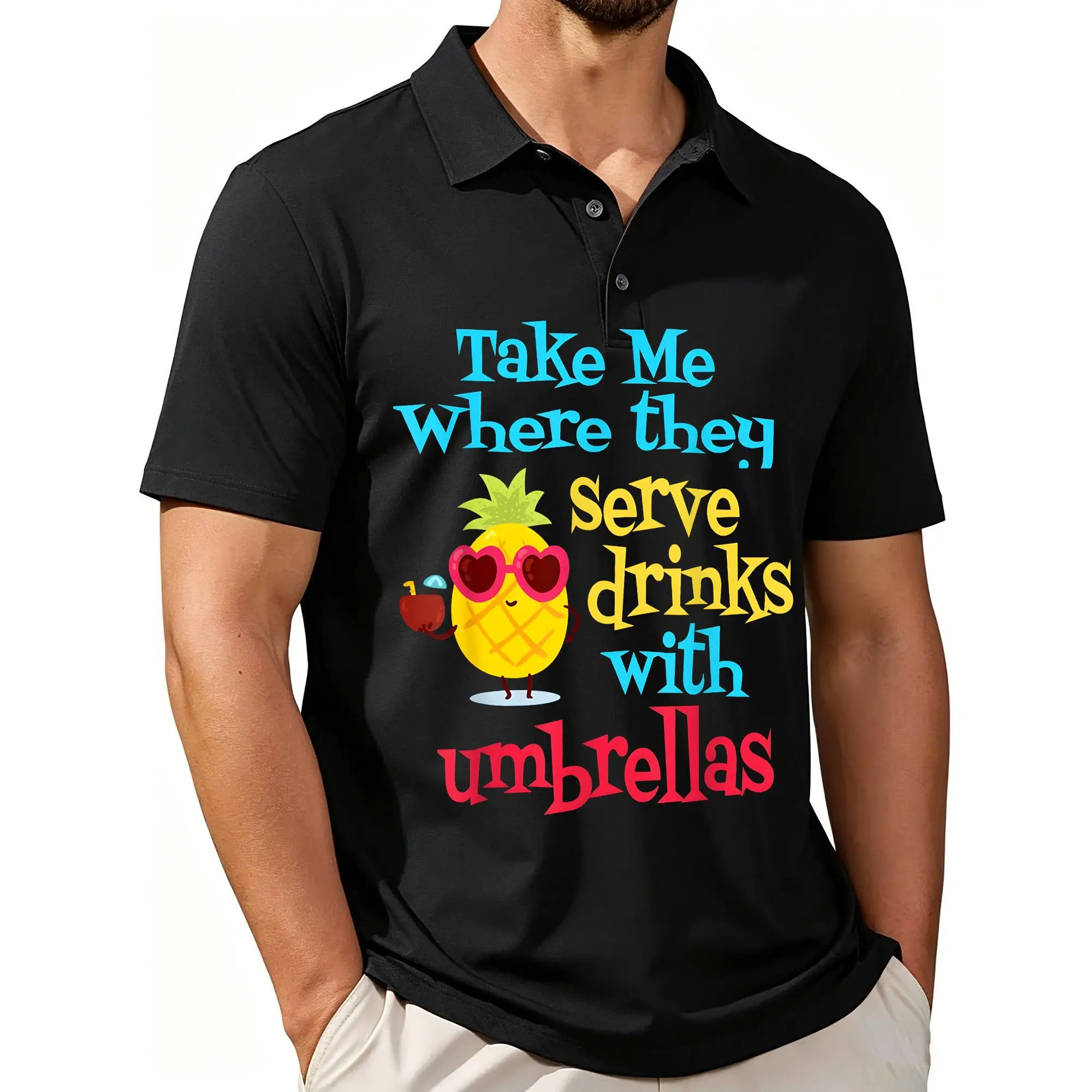 Mens Pineapple Cocktail Print Polo Shirt