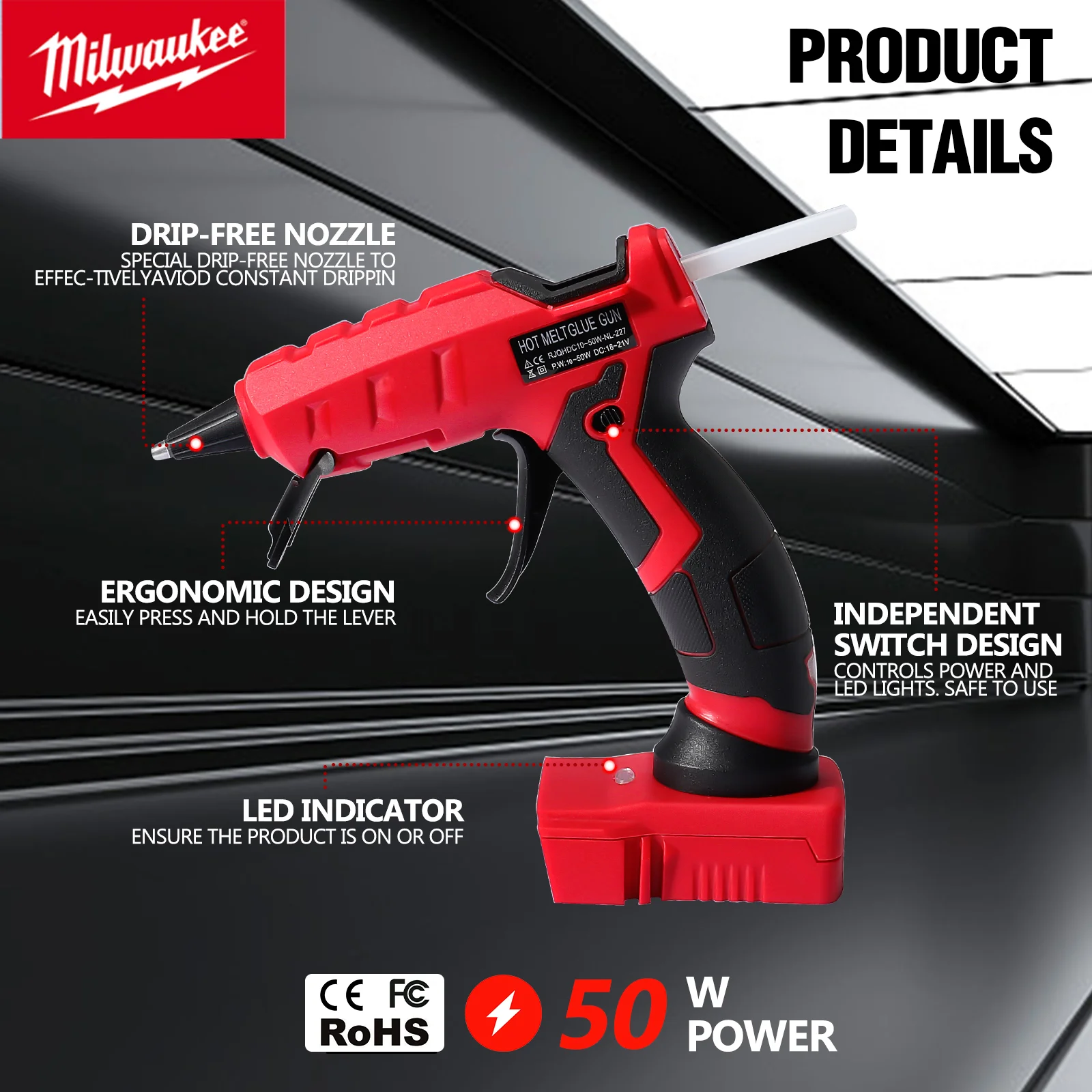 Pistola de pegamento caliente inalámbrica portátil Milwaukee para herramientas de batería de 18V de Milwaukee para manualidades, reparación DIY con 30 Uds de barras de pegamento caliente