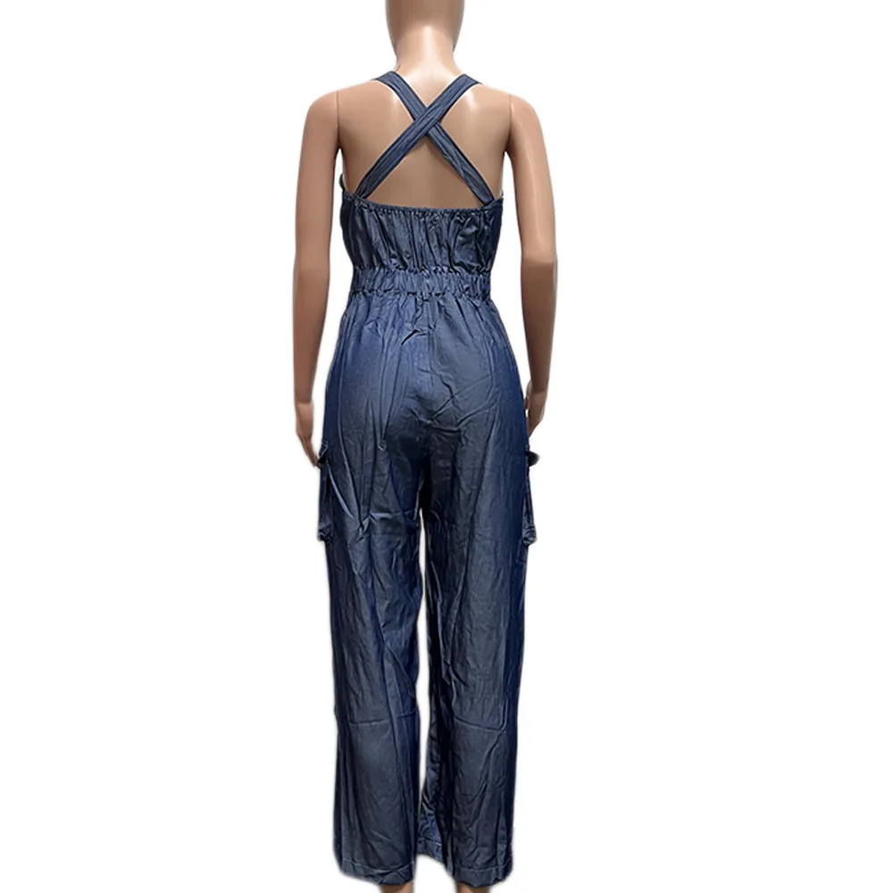 Women Jeans Overalls Spliced Cargo Denim Pants Vintage Washed Ankle Length Jean Pockets Solid High Street Loose Fit Button