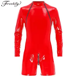 Men Zipper Crotch Neckline Leather Bodysuit Club Dance Performance Wetlook Boxer Shorts Jumpsuit Hommes Clubwear