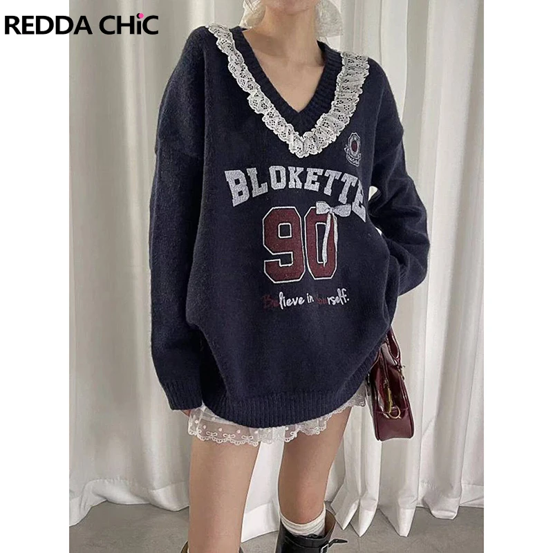 

ReddaChic милый свитер с v-образным вырезом и кружевной отделкой, женский пуловер большого размера с длинными рукавами, джемпер с графическим рисунком, топ, корейский трикотаж для отдыха для девочек-подростков