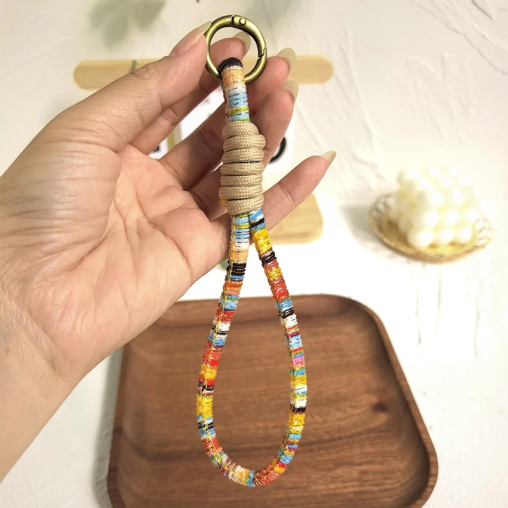 Ethnic Style Woven Keychain Colorful Braided Rope Key Ring Wrist Strap for Women Girls Handbag Accessories