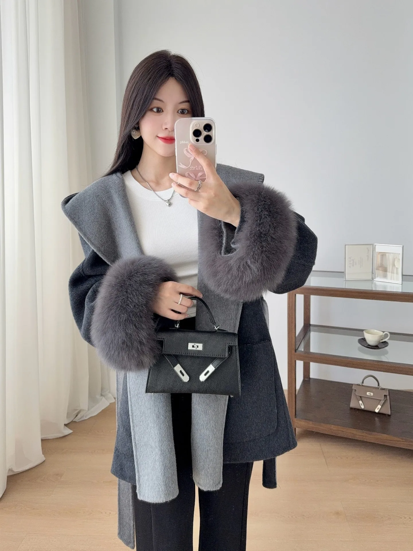 Featuring Women's double-sided fox fur woolen overcoat with hooded jacket, color-blocked cuffs on the AB side