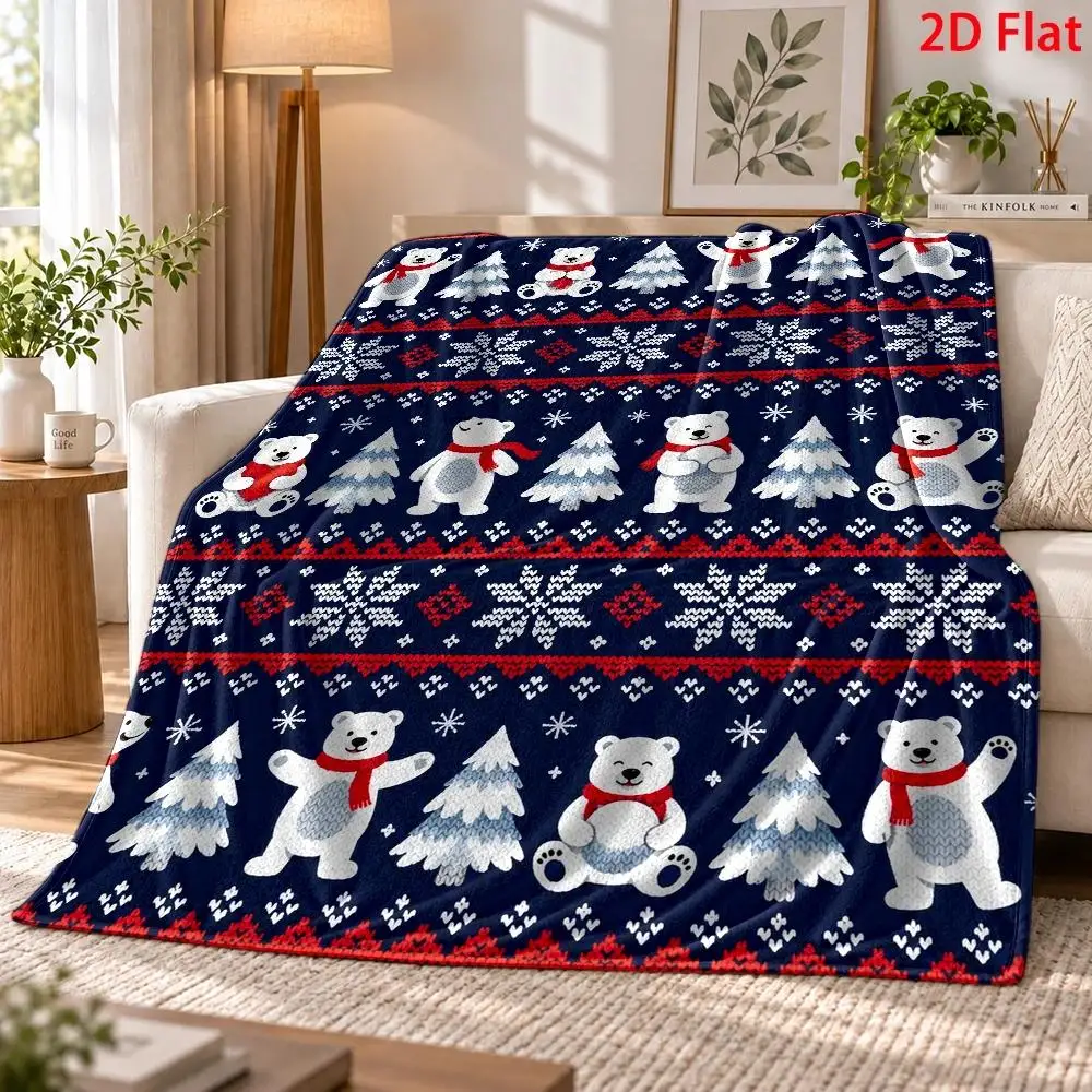 1pc 2D Flat DIY Coloring Throw Blanket, Polar Bear & Christmas Tree Line Art, Watercolor Dancing Bear with Red Snowflakes Decor