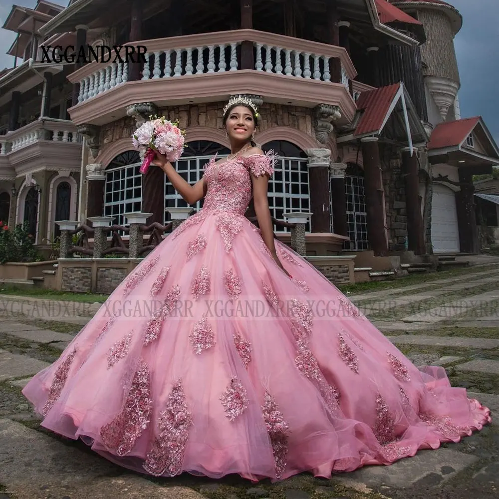 Robes de Quinceanera roses, robe de Rhformelle, robe de soirée d'anniversaire, train de balayage de plumes, princesse initiée, nouvelle arrivée, 2024