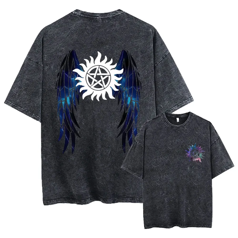 

Washed Vintage TV Series Supernatural Graphic T-shirt Men Women Clothing Gothic Retro Oversized T Shirts Male Fashion Streetwear