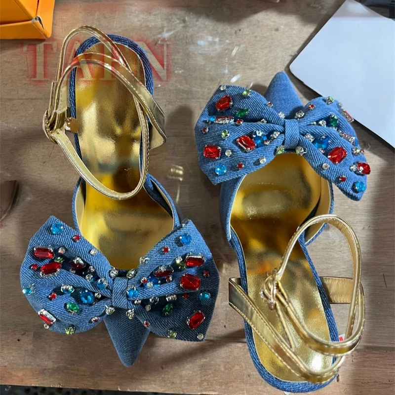 

Sexy Crystal Slingback Sandals for Women Fashion Pointed Toe High Heels Bowknot Pumps Party Dress Elegant Denim Blue Sandals
