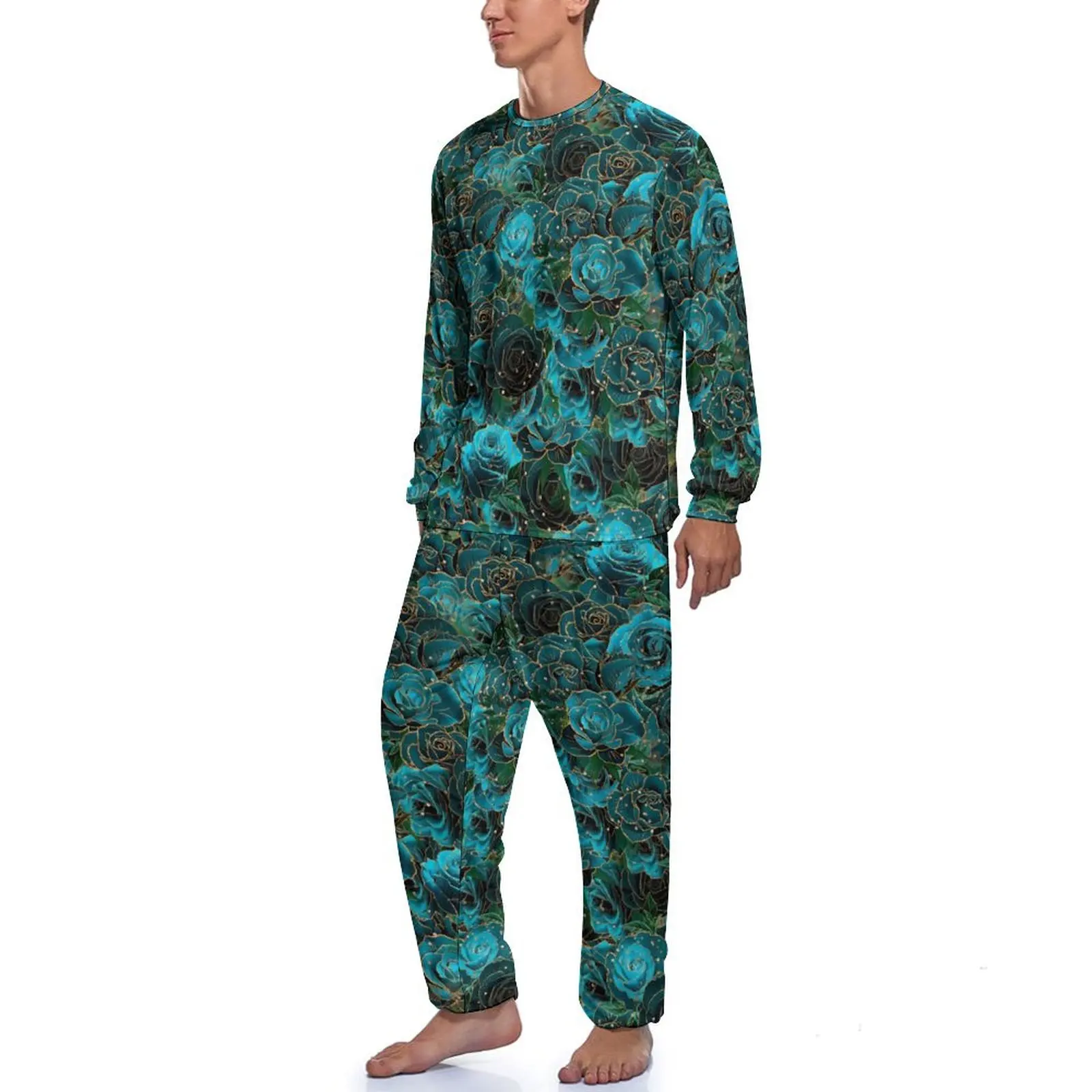 Teal Rose Print Pajamas Gold Glitter Floral Men Long Sleeve Warm Pajamas Set Two Piece Casual Spring Nightwear Birthday Gift