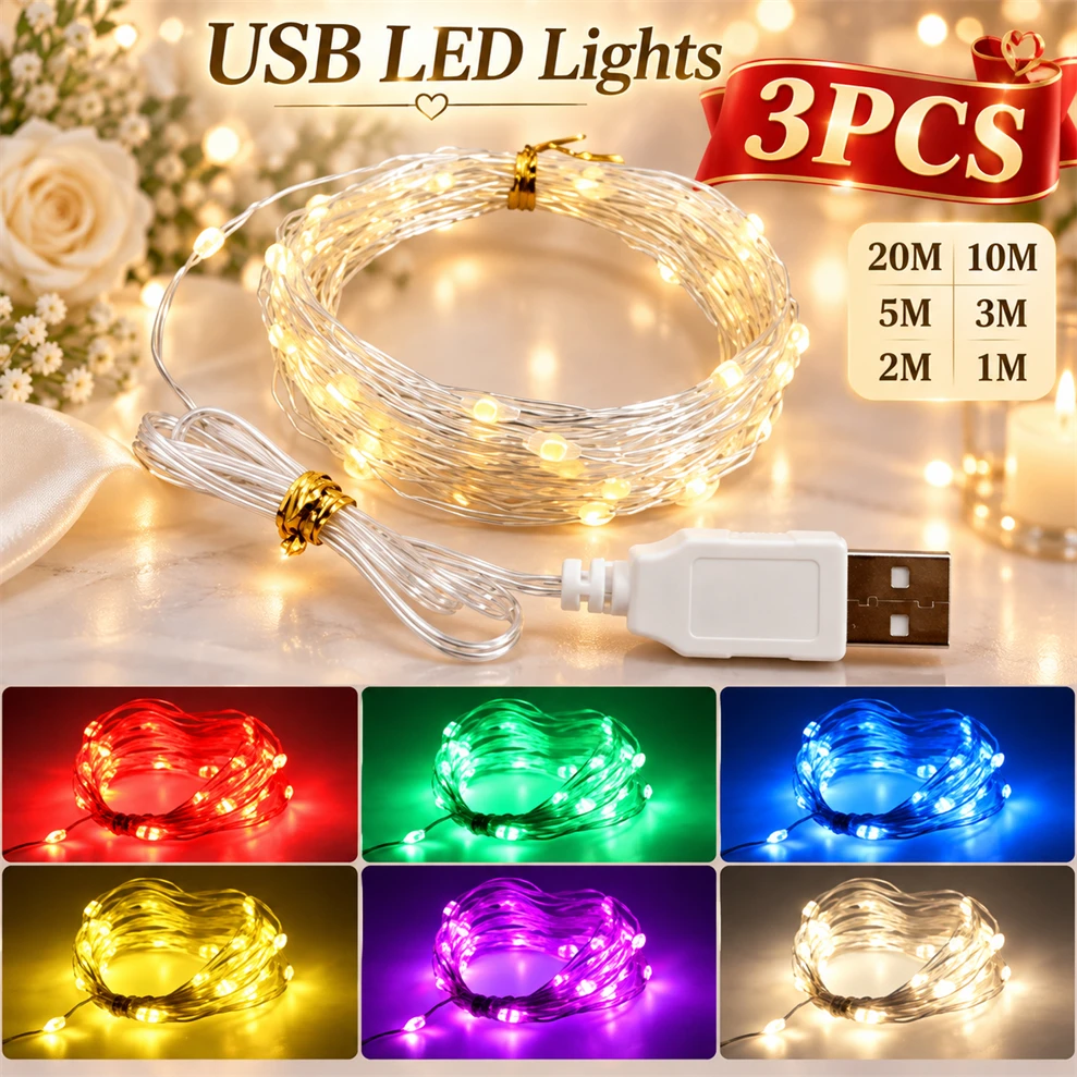 Led Fairy String Lights - 3 Stück 20-1M USB LED-Lichterkette Kupferdraht