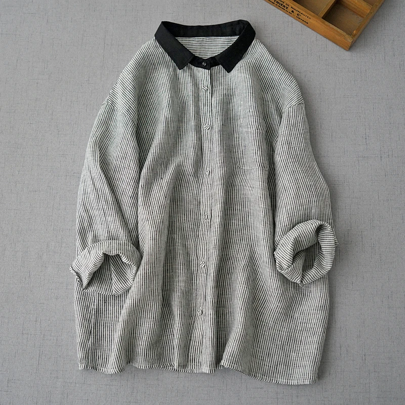 Vintage Solid Cotton Linen Women Shirts Summer 2024 Loose Long-Sleeved Casual All Match Female Outwear Tops