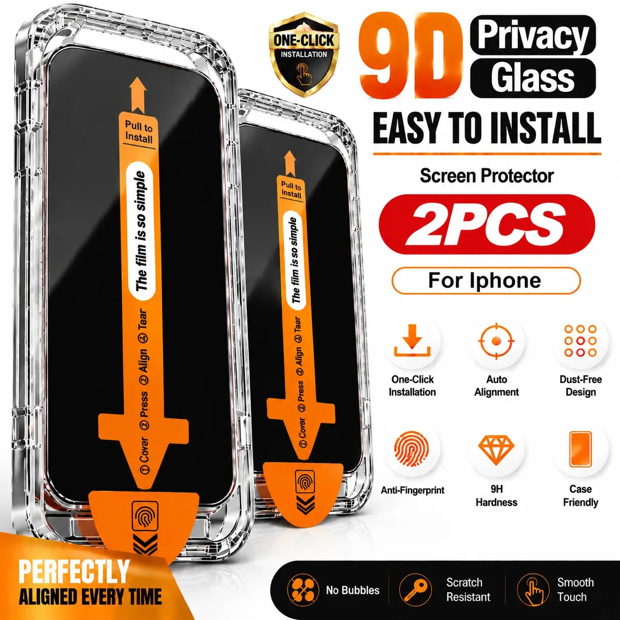 2pcs 9H Anti-Spy Privacy Tempered Glass for Iphone 18 Pro Max/17 Pro Max/16/15/14/13/12/11 - Auto Alignment Installation Frame