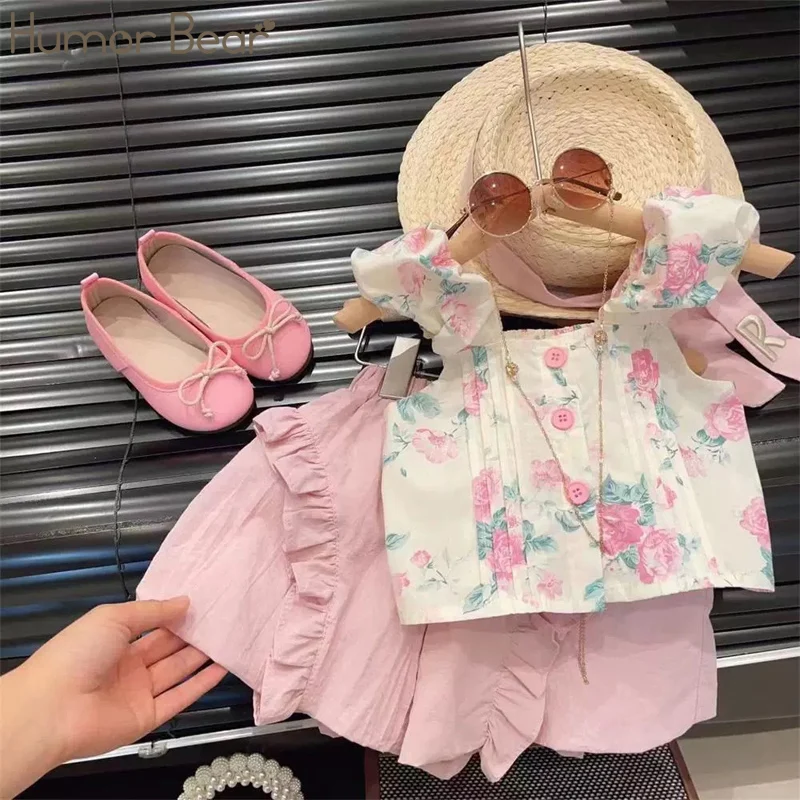 

Humor Bear Girls' Summer New Vintage Print Hanging Strap Lace Top Shorts Two Piece Set Vestidos Casual Outfit 2-6Y