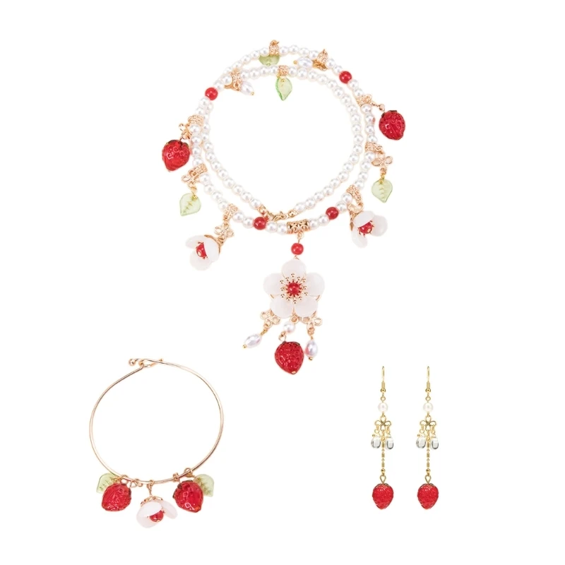 

Stylish Strawberry Pendant Necklace with Adjustable Chain Trendy Ear Hooks Ornament Bracelet Bangles for Girls and Women