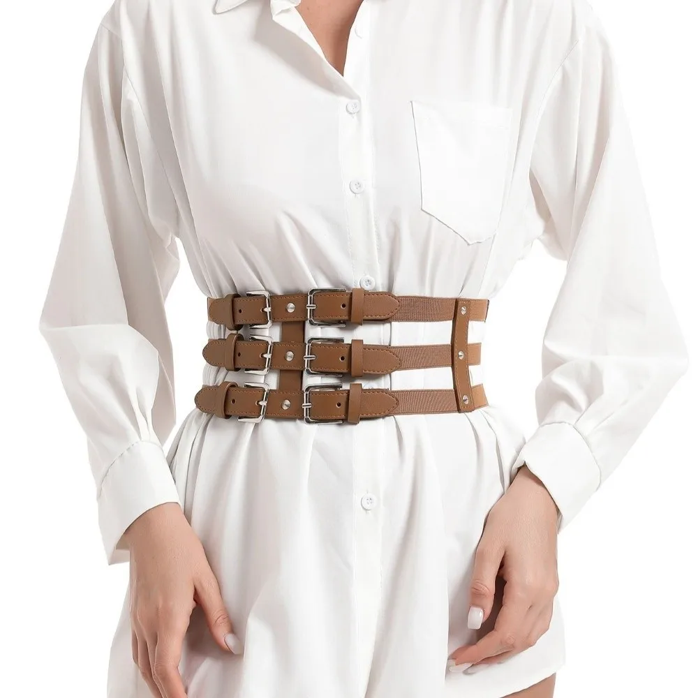 Fashion Three Row Buckle Waistband Belt Punk Style Versatile Elastic Waist Belt Slim Fit Wide Women's Waist Belt for Women